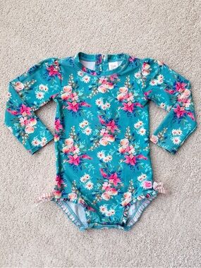 Ruffle Butts Teal Floral Long-Sleeve Swimsuit